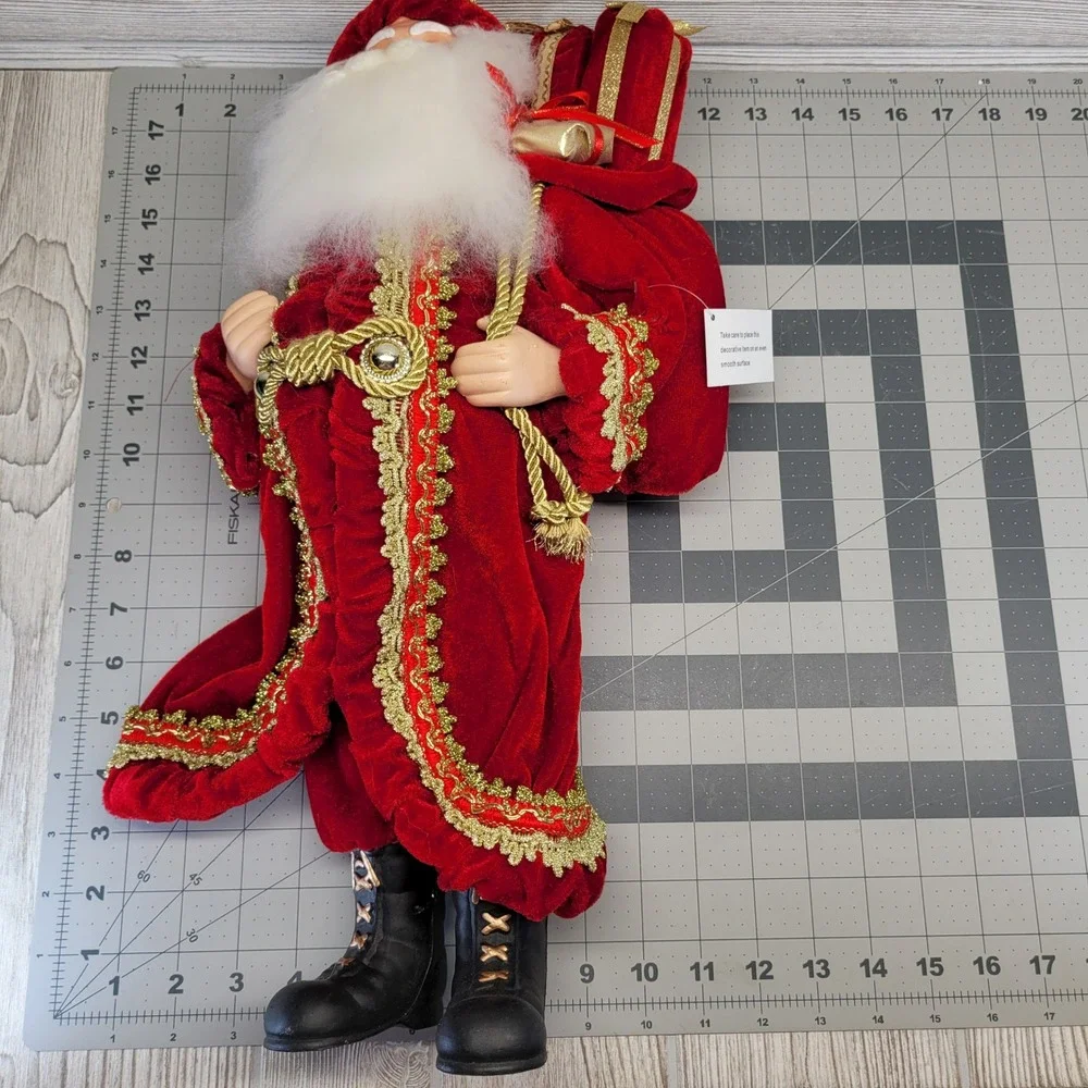 Santa Claus Figurine Red Velvet Gold Trim Traditional Holiday St Nick Sack Gifts